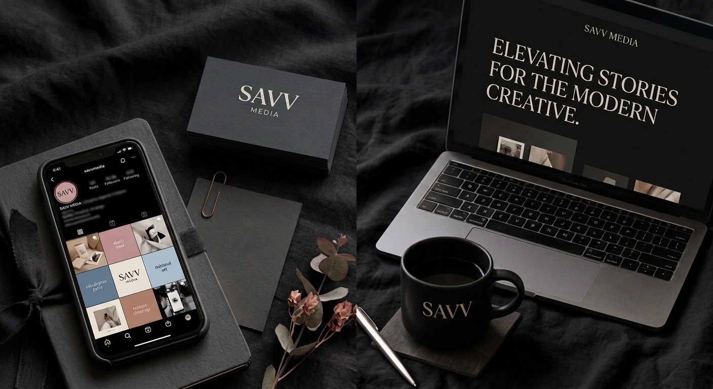 Savv Media brand mockup collage — website, social grid and stationery
